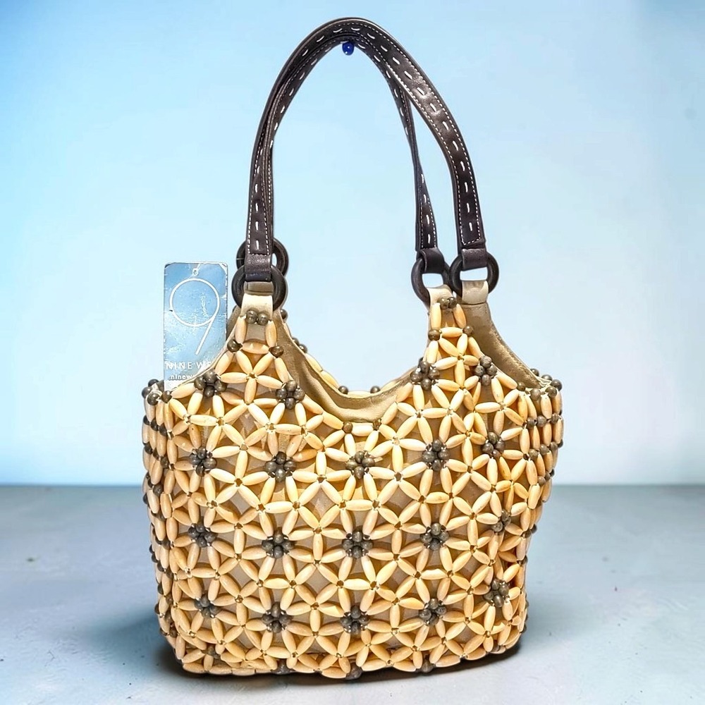 VTG Nine West NWT 100% Wood Beaded Shoulder Bag Tote Tan Ivory Floral Y2K Boho